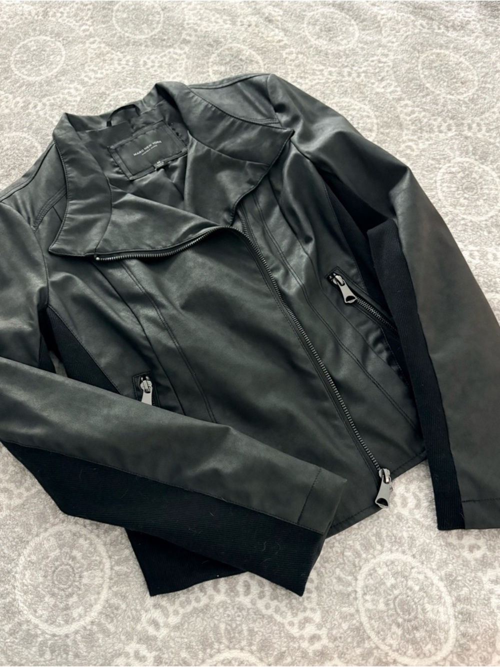 Women’s Black Faux Leather Moto Jacket with Knit Panels